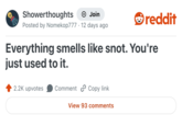 Showerthoughts + Join Posted by Nomekop777 12 days ago reddit Everything smells like snot. You're just used to it. 2.2K upvotes Comment Copy link View 93 comments