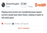 Showerthoughts + Join Posted! _ • 18 days... reddit Playing card corners are rounded because square corners would wear down faster, making it easier to tell cards apart. 3.5K upvotes Comment Copy link View 71 comments
