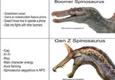 - Established career - Owns an indestructible feature phone - Doesn't know how to operate a phone - Gets into fights with other boomers -Cap -Fr Fr -Rizz -Main character energy -Aura farming -Spinosaurus aegypticus is NPC Boomer Spinosaurus Spinosaurus aegypticus Gen Z Spinosaurus Spinosaurus mirabilis