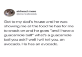 airhead mere @merestromb Got to my dad's house and he was showing me all the food he has for me to snack on and he goes "and I have a guacamole ball" what's a guacamole ball you ask? well I will tell you. an avocado. He has an avocado.
