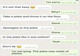 I'm sorry 02:18 PM W It's not that easy 02:18 PM Why? 02:18 PM Take a plate and throw it on the floor Apologise to the plate 02:19 PM 02:19 PM Done 02:19 PM Done 02:19 PM Is the plate like it was before? 02:19 PM Don't lie 02:19 PM Yeah 02:19 PM I'm not lying. The plate was made of plastic. 02:20 PM