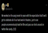 jul @papajoolia We worked on the aang movie for years with the expectation that'd we'd get to celebrate all of our hard work in theaters.. just to see people unceremoniously leak the film and pass our shots around on twitter like candy.. (1/3)