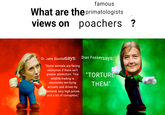 famous What are the primatologists views on poachers ? Dr. Jane Goodall Says: Dian Fosseysays: "Some animals are facing extinction if there isn't greater protection. This "TORTURE wildlife trading is absolutely terrifying actually and driven by demand, very high prices and a lot of corruption," THEM"