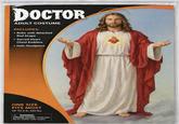 DOCTOR ADULT COSTUME INCLUDES: • Robe with Attached Red Drape Sacred Heart Chest Emblem • Halo Headpiece ONE SIZE FITS MOST UP TO 6 ft, 200 lbs. A WARNING: CHOKING HAZARD-Small parts. Not for children under 3 years.