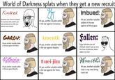 World of Darkness splats when they get a new recruit Kindred Noooooo now I have to compete for resources with another poor soul condemned to suffer this eternal curse noooo!!! GAROU: Ah yes, another valuable soldier in the war against the Wyrm Kithain: Ah yes, another valuable soldier in the war against Banality My Ah yes, another valuable soldier in the war against Consensus. Amenti: Ah yes, another valuable soldier in the war against Apophis. Kuei-jin: Ah yes, another valuable soldier in the war against the Yama Kings. Imbued: Ah yes, another valuable soldier in the war against all those guys Fallen: Eyyyy Haltorexis you old s-------, haven't seen ya since the Time of Atrocities, what's shakin my man? Wraith: Ah yes, another valuable chair in my new dining room set