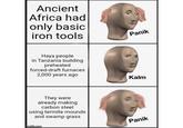 Ancient Africa had only basic iron tools Haya people in Tanzania building preheated forced-draft furnaces 2,000 years ago They were already making carbon steel using termite mounds and swamp grass imgflip.com Panik Kalm Panik