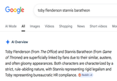 Google toby flenderson stannis baratheon Al Mode All Images Videos Shopping News Short videos Mor Al Overview Toby Flenderson (from The Office) and Stannis Baratheon (from Game of Thrones) are superficially linked by fans due to their similar, austere, and often gloomy appearances. Both characters are characterized by a strict, rule-abiding nature, with Stannis representing rigid legalism and Toby representing bureaucratic HR compliance. Reddit +4