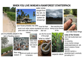 WHEN YOU LIVE IN/NEAR A RAINFOREST STARTERPACK water comes straight from the rain, no built in water system for showering! your house probably has stilts loves the fresh would much rather replace stupidsmell and cold air grass lawns with diverse jungles you've probably played in the rain in flooding season instead hates urban areas that lack natural forests likes rain Mortal and pestle are superio season :3 to blenders after rain likes spending time looking at the diversity off life you like the sounds of the jungle "what is a table?" you hate these things rules of the forests: -don't talk loudly/make loud noises -no swearing -never mention strange smells/sights/taste etc, talk about it outside of forest grounds -NEVER mention a respects nature ghost/djinn/spirit, practically just asking for it