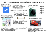 Just bought new smartphone starter pack Data transfer takes a decade Too lazy to put УК apps and wallpaper on home screen "Where's power button?" First and last time to use SIM ejector Camera is more ginormous Login Login Login LEICA VAND-APO-SU Login Battery level/life feels like immortal: (it'll be gone forever) Scrolling feels like: Android but different manufacturer makes confusing I am speed Posts "Yay I bought a new smartphone" Realise old smartphone on Twitter/Instagram/FB with old smartphone storage are full of po*n, useless downloads and screenshots