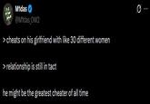 M1das @M1das_OW2 > cheats on his girlfriend with like 30 different women > relationship is still in tact he might be the greatest cheater of all time