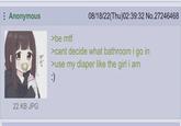 Anonymous 22 KB JPG 08/18/22(Thu)02:39:32 No.27246468 >be mtf >cant decide what bathroom i go in >use my diaper like the girl i am :)