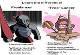Learn the difference! Freelancer "Free" Lancer - Loyal (when paid) - Will save you in life or death combat - Lives for honor Free Please Adopt - Too dependent to ever leave you - Needs help getting dressed in the morning - Will grovel for cookies