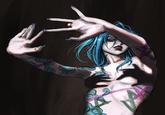A redraw of the famous shadow hand bra art. It features Jinx from Arcane.