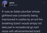 jamie @ekvous if I was an Italian plumber whose girlfriend was constantly being imprisoned in castles by an evil fire breathing lizard I would simply not take part in recreational go-kart races with aforementioned lizard