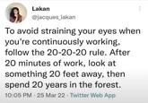 Lakan @jacques_lakan To avoid straining your eyes when you're continuously working, follow the 20-20-20 rule. After 20 minutes of work, look at something 20 feet away, then spend 20 years in the forest. 10:05 PM 25 Mar 22 Twitter Web App .