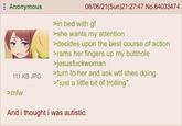 Anonymous 111 KB JPG >mfw 06/06/21(Sun)21:27:47 No.64033474 >in bed with gf >she wants my attention >decides upon the best course of action >rams her fingers up my butthole >jesusfuckwoman >turn to her and ask w-- shes doing >"just a little bit of trolling" And i thought i was autistic.