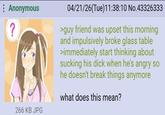 Anonymous ? 266 KB JPG 04/21/26(Tue)11:38:10 No.43326333 >guy friend was upset this morning and impulsively broke glass table >immediately start thinking about sucking his d--- when he's angry so he doesn't break things anymore what does this mean?