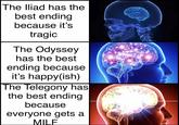 The Iliad has the best ending because it's tragic The Odyssey has the best ending because it's happy(ish) The Telegony has the best ending because everyone gets a MILF