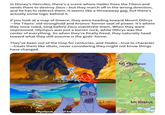 In Disney's Hercules, there's a scene where Hades frees the Titans and sends them to destroy Zeus-but they march off in the wrong direction, and he has to redirect them. It seems like a throwaway gag, but there's actually some logic behind it. If you look at a map of Greece, they were heading toward Mount Othrys -the Titans' old stronghold and Kronos' former seat of power. It's where they once ruled, long before Zeus overthrew them. When they were imprisoned, Olympus was just a barren rock, while Othrys was the center of everything. So when they're finally freed, they naturally head toward what they still assume is the gods' home. They've been out of the loop for centuries, and Hades-true to character ―treats them like idiots, never considering they might not know things have changed. @ProudDisnerds Uh, guys? Huh? Olympus would be that way. Mt Olympus Mt Orthys