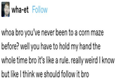 wha-et Follow whoa bro you've never been to a corn maze before? well you have to hold my hand the whole time bro it's like a rule. really weird I know but like I think we should follow it bro