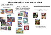 Nintendo switch eras starter pack Early era (2017-2019) Motion control games Many bestselling switch games come from this era Middle era (2020-2023) Exploded in popularity due to the pandemic, plus lots of banger games come from this era, including good sequel games too. Also most games during this era have better graphics Late era (2024-present day) Overpriced HD remakes of previous Nintendo games ARMS ZELDA Splatn SUPER SMASH BRES SWITCH The switch lite (I dont think anyone even bought this) ODYSSEY Kirby MARIO Splatoon Luigi's Mansion DONKEY HOME Xertoblack Chronicles Luigi's Mansion SUPEN MARIO BROS WONDER Animal Crossing ELDA Switch OLED released during this time DONARY KONG Limited third party games and support due to switch 1 graphics being nowhere near as good as ps5/xbox series x/s, and pc
