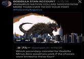 GODZILLA STAN ACCOUNT • 4/15/26 ANGUIRUS NATION YOU ARE NEEDED NOW MORE THAN EVER TO DO YOUR PART #ItsGravityAnguirus GIF ALT IL- @penpen_iii • 4/15/26 Which secondary monster for Godzilla Minus Zero would you pick if the choices were limited to these four? X