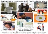 Trying a new restaurant with family starter pack H BILL $$$$ Blaming it on someone if food sucks OMG! If food is good they're happy (Rare chance) [Still Hungry- After All These Years "That's it!?!" 7251 Don't order any drinks. Too expensive "I DONT LIKE FOOD" "Buffet is cheaper!" After eating someones still hungry Someone doesn't like the service "Maaaaan we should've went to (same old place) instead"