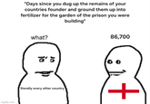 "Days since you dug up the remains of your countries founder and ground them up into fertilizer for the garden of the prison you were building" imgflip.com what? literally every other country 86,700 0 0 +