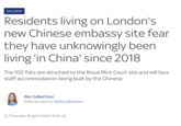 EXCLUSIVE Residents living on London's new Chinese embassy site fear they have unknowingly been living 'in China' since 2018 The 100 flats are attached to the Royal Mint Court site and will face staff accommodation being built by the Chinese. Alix Culbertson Political reporter @alixculbertson Thursday 16 April 2026 13:16, UK