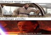 School teachers: Oh no, I'm not brave enough for politics College profs: Chancellor Palpatine is evil!