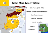 CHARIA DA Fall of Ming dynasty (China) Qing dynasty (Manchurian) OUTER MONGOLIA Mukden Hami INNER MONGOLIA Beijing SEA OF JAPAN KOREA - Little Ice age (16th-17th) - - Support Korea by Japanese Invasion - - Manchurian Invasion - NJIANG BURMA SHANDONG Ming dynasty 'angzhou jing SICHUAN DA EAST CHINA Hangzhou SEA YUNNAN TONGKING Guangzhou (Canton) LAOS HAINAN SOUTH CHINA SEA Fuzhou TAIWAN JAPAN RYŪKYŪ - Peasant Rebellion - - financial corruption - Finally.... - Collapsed -