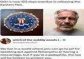 DOJ is now 122 days overdue in releasing the Epstein files. DEPARTMENT OF JUSTICE FEDERAL IGATION FIDELITY BRAVERY BUREAU OF INTEGRITY INVESTIC witch of the wobbly woods (... ✪ @sadjazzwxtch We live in a world where you can go to jail for speaking out against Netanyahu or having a miscarriage, but if you're a p--------, the law will be broken to protect you.