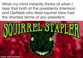 What my mind instantly thinks of when I hear that both of the presidents (Harrison. and Garfield) who liked squirrel stew had the shortest terms of any president: SQUIRREL STAPLER made with mematic