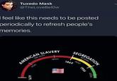 Tuxedo Mask @TheLoveBelow I feel like this needs to be posted periodically to refresh people's memories. AMERICAN SLAVERY 1700 246 years 1619 SEGREGATION years 1800 1865 1900 1954 2000