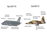 Virgin USAF F-35 Lame gray paint, afraid to be seen Expensive as hell Chad IRIAF F-5 Cool desert camo, practical and appealing Classic design from the 60s, cool and aesthetic Gives no f*cks about enemy radar, leaves unscathed 3-2078 Stealthy, gets hit anyway Modern design, fat and ugly Affordable low-cost design MARI TYTET IRIAF Reliable and independent Unreliable electronics depend on Chinese rare earths Uses lame stand-off bombs, the computer does everything 01368 ٢٠٧٢٤٢ Makes impressive air strikes with unguided bombs, takes guts to fly