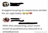 Imagine buying an expensive stroller for an ugly baby With this reasoning, your mom must've pushed you around in a wheelbarrow boredpanda.com