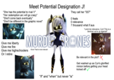 Meet Potential Designation J! "She has the potential to rival V" "Her redemption arc will go crazy" "She'll come back eventually" "She'll be different in the graphic novel" Give me liberty Give me fire They call her "007" O feats O relevance 7 thousand what if aus "Lend me relevance, Cyn! This is a Sentinel we're up against!" MURDE GRONES Give me highschoolers Or I retire >Even Thad is more relevant "if" and "when" but never "is" Be relevant in the plot? ✗ Get washed up as Cyn's glorified minion before getting your head kicked off ✓