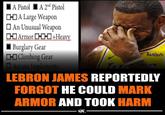 A Pistol A 2nd Pistol CHA Large Weapon An Unusual Weapon Armor +Heavy Burglary Gear Climbing Gear Arcane Implements PROMI wish LEBRON JAMES REPORTEDLY FORGOT HE COULD MARK ARMOR AND TOOK HARM ··