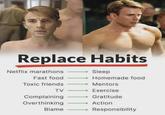 Replace Habits Netflix marathons Sleep Fast food → Homemade food Toxic friends → Mentors TV- → Exercise Complaining Overthinking Gratitude Blame Action Responsibility