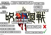 THE WILL CRUSH MEET POTENTIAL SHIP VICTORIES MIDAWAY DEFENSES™ THE WILL TERRIFY US NAVY THE WILL DEFEND OKINAWA 品 GIVE ME SPEED O ACTION 7 TORPEDOES HIT 20 SON OF THE MOST MODERN NAVAL DOCTRINE GIVE ME TSUSHIMA MEMORIES GIVE ME MORE TURRETS GIVE ME JAPANESE ENGINEERING imgflip.com 戦 SINKING SHIPS X CONSUMING PRECIOUS FUEL