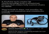 A YouTube tech creator (@ /Zacks Jerry Rig) built a wheelchair factory that makes fully custom chairs for $999 They're built in days, not months, by cutting out insurance and middlemen entirely @ma... 2h Replying to @wildpostss Now if he starts crippling people he can become a billionaire