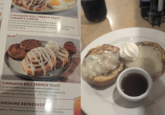 CINNAMON ROLL FRENCH TOAST FARMER'S CHOICE Served with Hash Browns, Home Fries or Fresh Seasonal v Two thick slices of battered cinnamon roll topped with cream cheng, powdered sugar and whipped topping. Plus your choice of breakfast meat and two 14.49 1450-1670 cal New! fresh eggs. CINNAMON ROLL FRENCH TOAST Served with butter, syrup and your choice of breakfast meat. Two thick slices of battered cinnamon roll topped with cream cheese icing, powdered sugar and whipped topping 12.19 1100-1950 cal SUNSHINE REFRESHER awberry, 100% orange juice and strawberry lem 199|350 cal