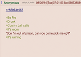 Anonymous >>560734967 >Be Me >Drunk @Style_N_Profile 08/05/14(Tue)07:01:53 No.560738584 >County Jail calls >It's mom "Son I'm out of prison, can you come pick me up?" >It's raining