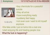 Anonymous 13 KB JPG 12/13/18(Thu)22:45:16 No.49824266 >buy chemicals for a peaceful suicide >they all arrive >have everything ready >suddenly feel happy >not even sure I want to kill myself anymore >the fake smile I put on turns into a real one >start enjoying life and treating people nice What the f--- is happening?