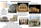 This colour palette Central Asian Banquet Hall Starterpack Names: Crystal Diamond President City Versailles Empire Grand Monaco PALACE PRESIDENT Potential name for this architectural style: 19th century Orientalist's Wet Dream Must-Haves: Columns that don't support anything Faux-travertine or faux-marble Ornate gates with spray-painted gold filigree The most gaudy and ostentatious decorations possible Light pollution go brrr GROYAL WALLD Parthenon ripoff, why not?