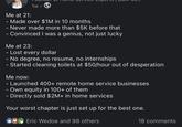 Me at 21: 1w. - Made over $1M in 10 months - Never made more than $5K before that - Convinced I was a genius, not just lucky Me at 23: - Lost every dollar - No degree, no resume, no internships - Started cleaning toilets at $50/hour out of desperation Me now: - Launched 400+ remote home service businesses - Own equity in 100+ of them - Directly sold $2M+ in home services Your worst chapter is just set up for the best one. Eric Wedoe and 98 others 18 comments