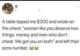 D ำ A table tipped me $300 and wrote on the check "women like you deserve two things: money and men who don't cheat. We got you on both" and left their sons number.