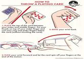 HOW TO THROW A PLAYING CARD GET ACTION AOM 1: PLACE the top of the card between your index and middle fingers. Put your thumb on top of your index finger and curl your ring and pinky fingers below the card (without touching the card). 2: BEND your wrist back. 3: FLICK your wrist forward and let the card spin off your fingers at the end of the motion. Art of Manliness and Ted Slampyak. All Rights Reserved.