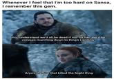 Whenever I feel that I'm too hard on Sansa, I remember this gem. You understand we'd all be dead if not for her. We'd be corpses marching down to King's Landing. Arya's the one that killed the Night King