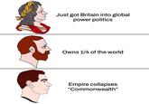 Just got Britain into global power politics Owns 1/4 of the world Empire collapses "Commonwealth"